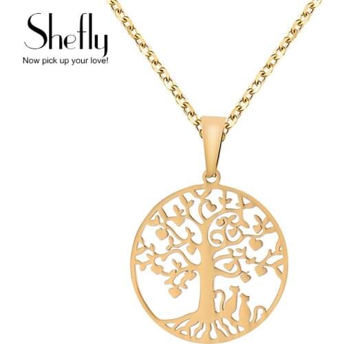 Couple Cats Under Tree of Life Pendant Stainless Steel Necklace for Women Men Gold Color Statement Necklace Jewellery Gift