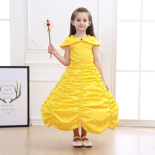 Princess Girls Dresses Kids Yellow Layered Fluffy Costume with Band and Tiara Halloween Girls Clothes