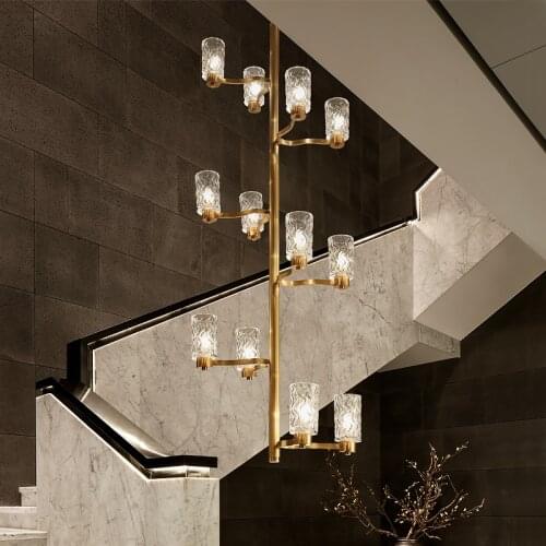 FKL Nordic Copper Gold Staircase Lamp Long Chandelier Aisle Wave Pattern Glass Lampshade American Villa Staircase Chandelier