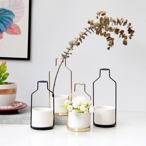 Modern home decoration iron art ceramic vase Nordic style tabletop flower arrangement hydroponics vase one shipment