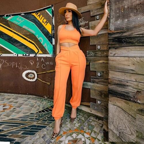 Activewear Workout Two Piece Tracksuit for Women Sleeveless Tank Crop Top High Waist Jogger Sweatpant High Street Co-ord Suits