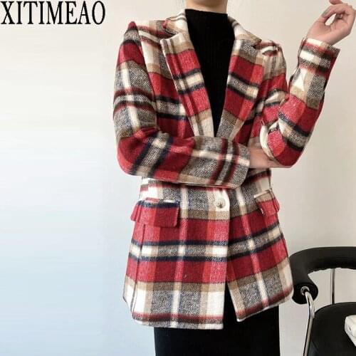 XITIMEAO New Women Casual Woolen Coat Blazer Office Lady Plaid Slim Suit Coat One Button Thickening Ladies Blazers