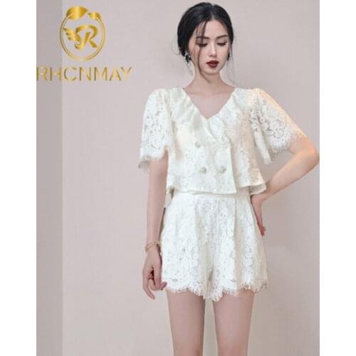 Office Lady Lace Fashion Two-Piece Sets V-Neck Double-Breasted Short-Sleeve Tops Tassel Trim Elegant Sweet Shorts Suit Summer