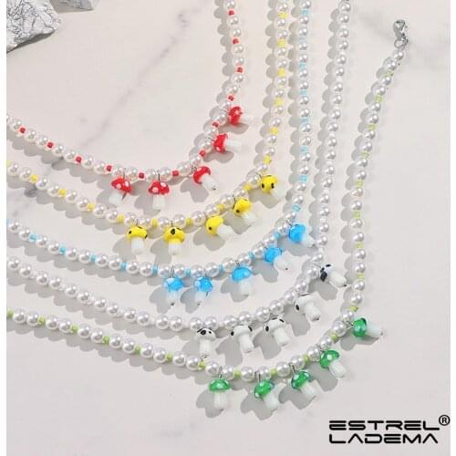 Handmade Rainbow Smiley Face Clay Pearl Beaded Necklace For Women Asymmetric Butterfly Mushroom Beads Chain Necklaces Jewelry