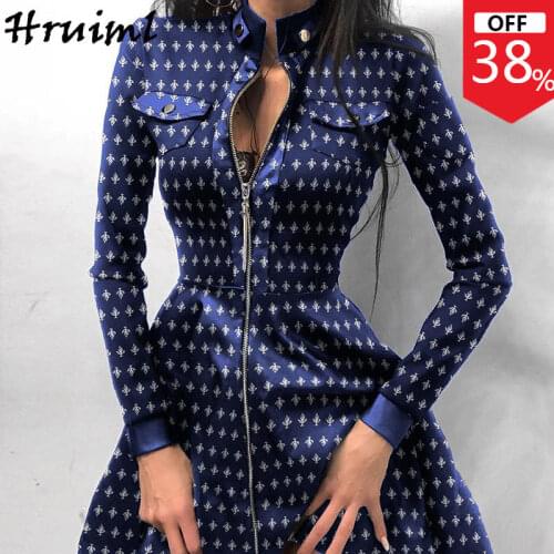 Vintage Dress Women Fashion Print Long Sleeve Stand Collar Female Mini Dress 2020 Autumn Sexy Zipper Party Dress Vestidos