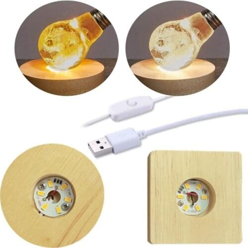 2 Pcs Wood LED Light 3D Crystals Glass Resin Art Dispaly Base Ornaments Night Lamp Base Stand