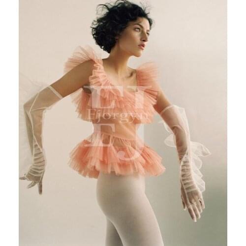 2020 Fashion Tulle Tops Sexy Ruffles Extra Puffy Custom Made Scoop Neck Tiered Women Top Sleeveless Plus Size топ