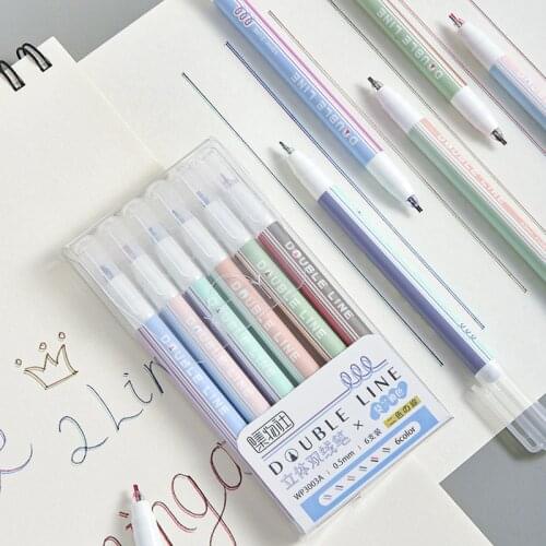 6Pcs/Set Double Colored Line Gel Pen Text Markers Pen Graffiti DIY Diary Journal Pens Student Reading Marker Stationery Supplies