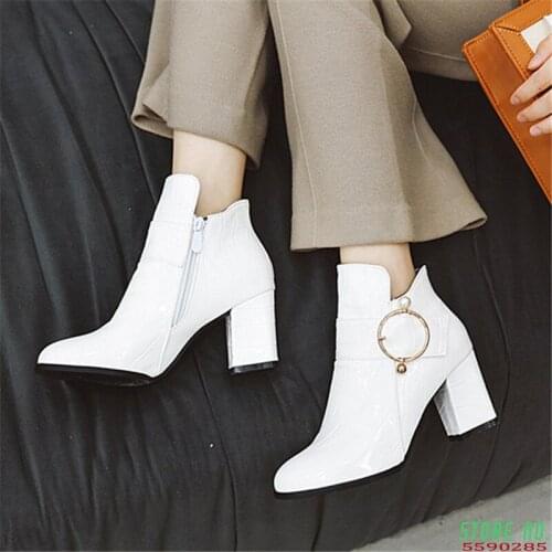 Spring Autumn Women Shoes Fashion Square Toe Square High Heel Ankle Boots Zipper Boots Winter Ladies Shoes White Black Wine red