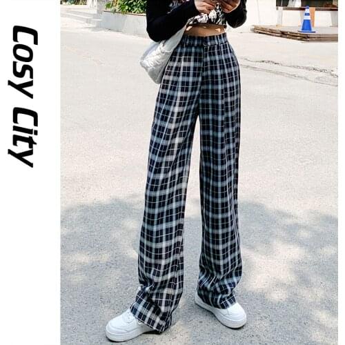 2021 Summer New Women Korean Fashion Y2k Baggy High Waist Plaid Pants With Elastic Band Wide Leg Lady Girls Boyfriend Trousers