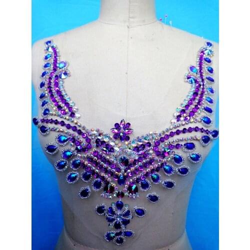 Purple /clear AB colour handmade 34*25cm crystal sequins patches sew on rhinestones applique