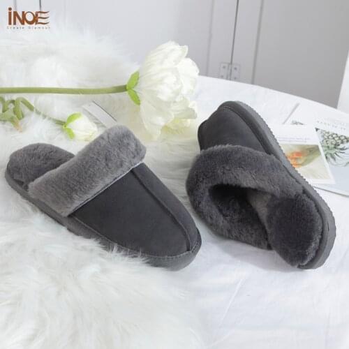 INOE 2021 Men Cow Suede Leather Winter Slippers Waterproof Plush Fur Lined Home Leisure Half Casual Shoes Slip On House Flats