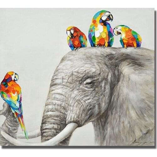Elephant picture fine wall art oil painting of parrot good quality cheap free shipping canvas decoration for home