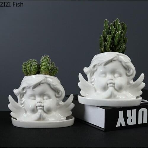 Creative White Cute Angel Flowerpot Succulents Flower Potted Cartoon Character Head Ceramic Flowerpot Office Desktop Decoration
