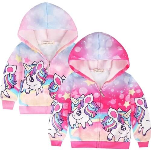 Cute Unicorn Girls Clothes Cartoon Digital Printing Kids Jacket Thin Section Polyester Girls Jackets Hooded Zipper Kids Clothes