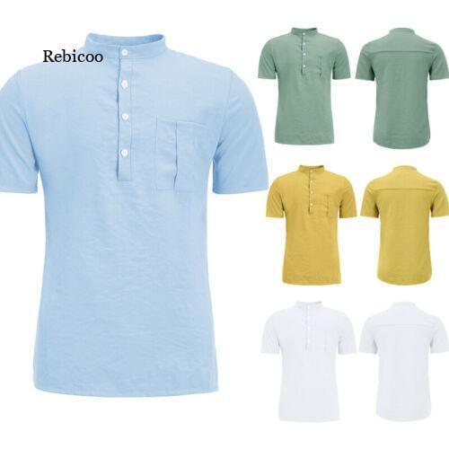 Mens Fashion Simple Casual Solid Shirts Stand-Collar Pocket Linen Breathable Slim Fit Summer Wear Polo Shirt Tops