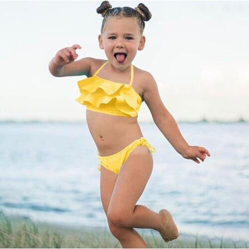 2021 New Solid Lace Up Top+Shorts Soft Boutique Girls Childrens Swimwear Beach Holiday Clothing Kids Baby Girl Clothes Ruffle