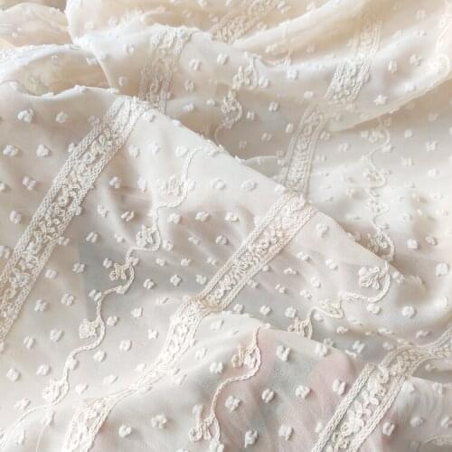One meter High quality Beige Chiffon fabric Embroidered lace tissu DIY summer womens dress skirt accessories material