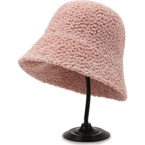Solid Color Plush Women Panama Hat Autumn Winter Warm Knitted Bucket Hat Girls Soft Lamb Wool Outdoor Fisherman Cap For Ladies