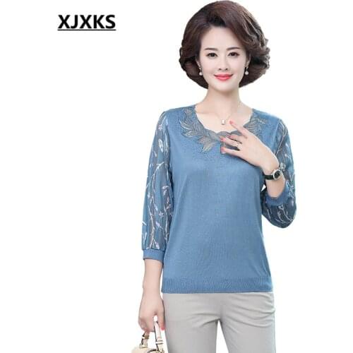 XJXKS Autumn thin top women pullover 2020 new loose plus size high quality wool knitted stitching chiffon sweater women sweater