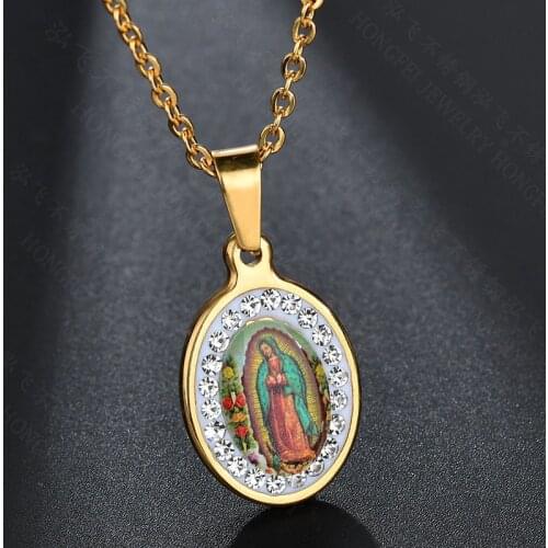 Stainless Steel Virgin Mary Pendant Necklace Cubic Zircon Christian Guadalupe Necklace Jewelry for Women / Men Chain 19.7 "
