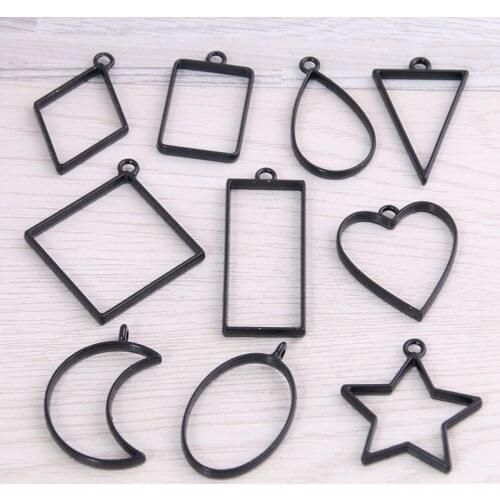 SWEET BELL 20pcs/lot 10 Styles Black Color Alloy Jewelry Accessories Geometry Charm Hollow Glue Blank Pendant Tray Beze