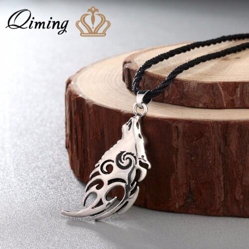 QIMING Puck Vintage Necklace Women Men Jewelry Valknut Vikings Amulet Pendant Necklaces Norse Wolf Head Animal Necklaces