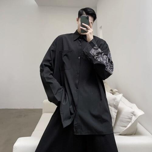 Mens Fashion Punk Gothic Printed Long Sleeve Loose Oversize Shirt Casual Tops Patchwork C3