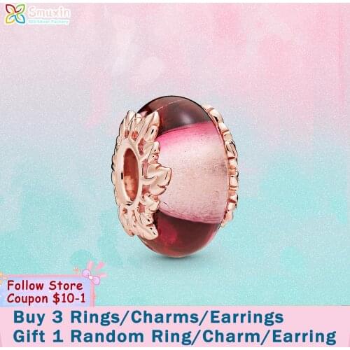 Smuxin 925 Sterling Silver Beads Pink Murano Glass & Leaves Charms fit Original Pandora Bracelets Women Jewelry Making Girl Gift