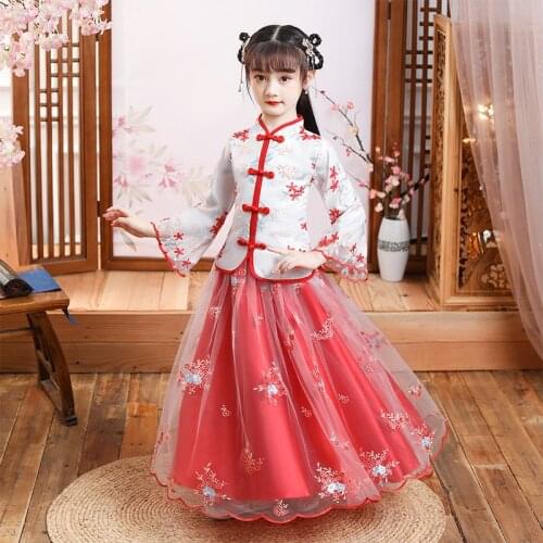 Sweet Girls Hanfu Dresses Girl Costume Party Dress 2020 New Lace Embroidery Flower Birthday Kids Dress Ancient Style