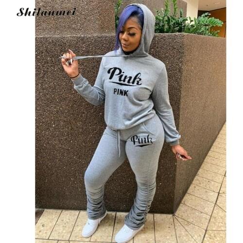 2021 Street 2 Piece Set Pink Letter Hoody Sweatshirt Top + Stacked Sweatpants Suits Casual Sport Outfits Spring Tracksuit Suits