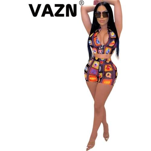 VAZN 2020 New Arrival 2 Color Fancy Novelty Young Sexy Club Designer Elastic Short Sleeve Short Pants Slim Women 2 Piece Set