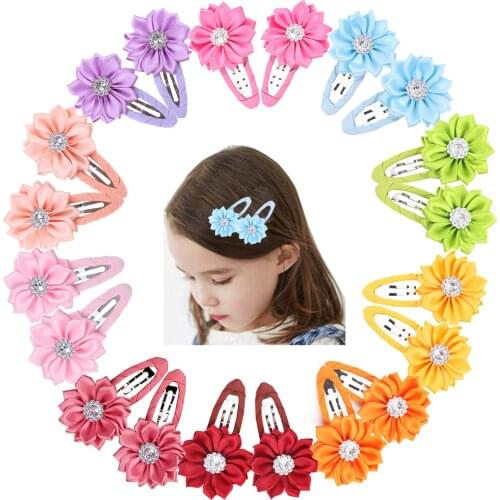 Yundfly 10pcs/lot Satin Ribbon Flower Hairpin Hair Clips Girls Baby Headwear Crystal Hair Decoration Head Accessories Cute Gift