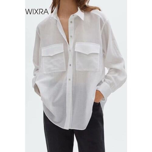 Wixra Full Sleeve Blouse Women Turn-Down Collar Casual High Street Shirts Clothes Blusas Pockets Summer Tops