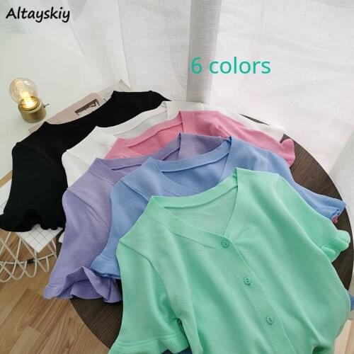 T-shirt Women Ruffles 6 Colors Slim Sexy Retro Solid All-match Korean Style Crop Top New Spring Trendy Knitted Cozy Leisure Ins