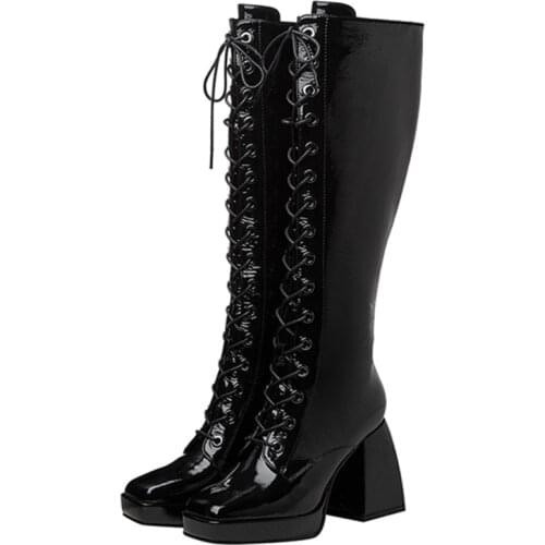 Square Toe Womens High Boots Front Lace-up Black Knight Boots High Heels Party Shoes Sexy Leather Platform Boots For Women 2021