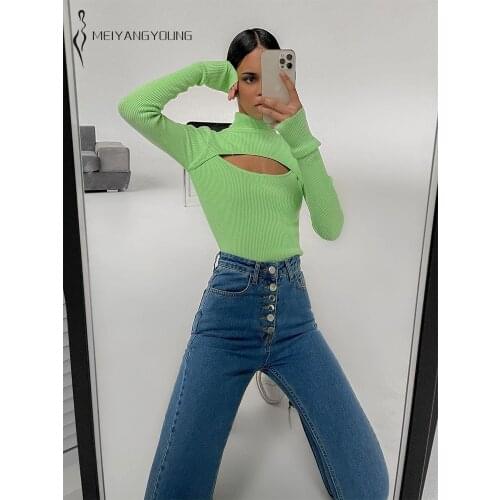 MEIYANGYOUNG Ribbed Knitted Turtleneck Sweater Women Hollow Out Womens Basic Sweater Pullover Ladies Slim Jumper Jersey Mujer