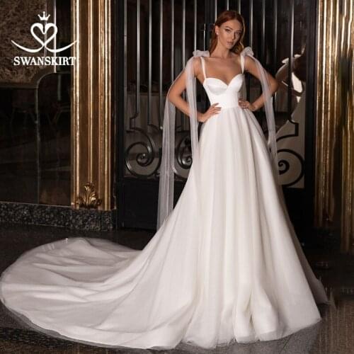 Fashion Sleeveless Wedding Dress 2021 Boho Sweetheart Satin A-Line Lace Up Princess Vestido De Novia SwanSarah F320 Bridal Gown