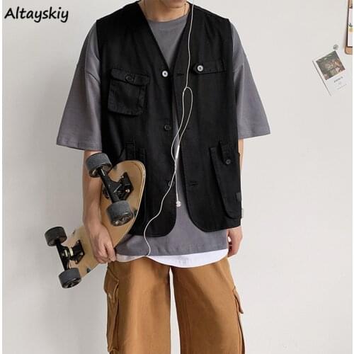 Vests Women Solid V-Neck Sleeveless Streetwear Bf Hip Hop Unisex Pockets Motorcycle Style Womens Plus Size 3XL Fashion Chic New