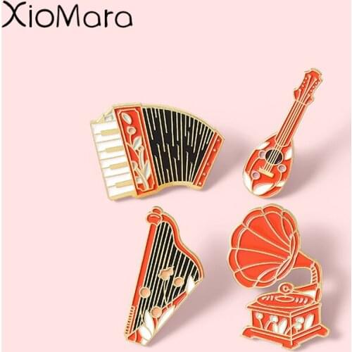 Accordion Harp Guitar Record player Enamel Pins Music Red Brooches Lapel Badges Wholesale Pin Jewelry Gifts for Friend