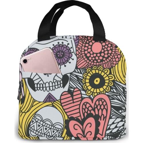 Insulated Lunch Bag Thermal Mexican Floral Skull Tote Bags Cooler Picnic Food Lunch Box Bag For Kids Women Girls Men Children