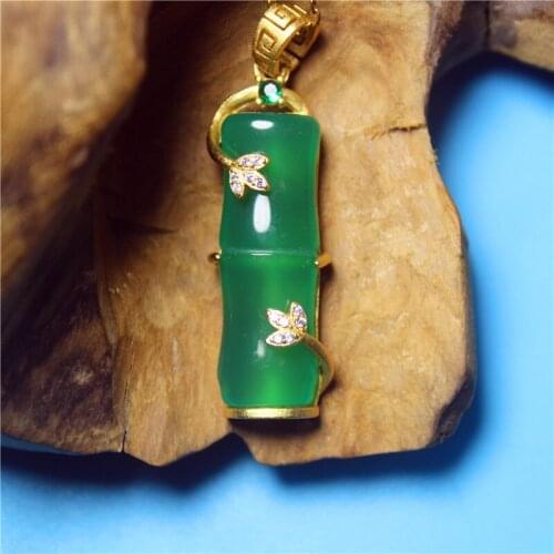 Wholesale Fashion Jewelry Green Chalcedony inlaid work Bamboo joint necklace for woman feature Jewelry Luxury namour charm Gift