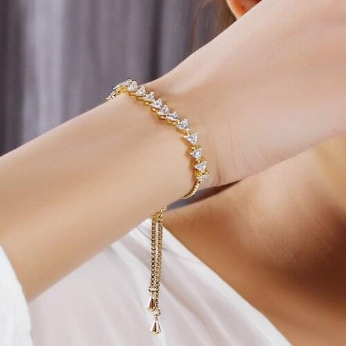 Fashion Bracelet femme Copper metal alibaba express Adjustable length Triangle cz crystal White/Gold-color Free Size Bracelets