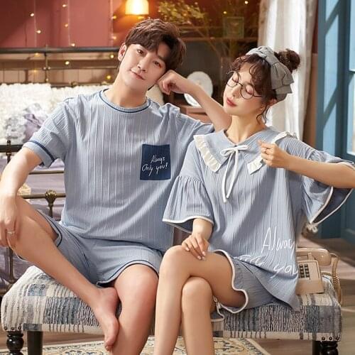 2021 New Couple Night Wear Pajamas Women Cotton Short-Sleeve Shorts Set Plus Size 3XL Casual Home Wear Mens Sleepwear Night Suit