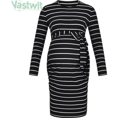 Womens Striped Maternity Dress Side Ruching Bodycon Casual Pregnancy Dress Clothes Wrap Maternity Dresses for Baby Shower