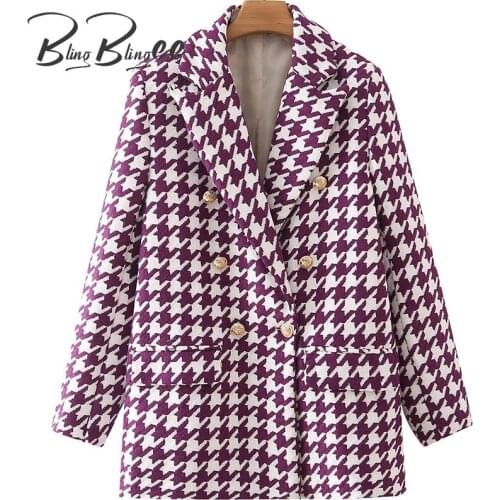 BlingBlingee Autumn Winter Houndstooth Casual Blazers Double Breasted Notched Collar Women Loose Suit Jacket Female Long Coats