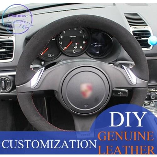 All Black Suede Genuine Leather Wrap DIY For Porsche Cayenne Panamera 2010 2011 2012 Steering Wheel Hand Stitch Cover