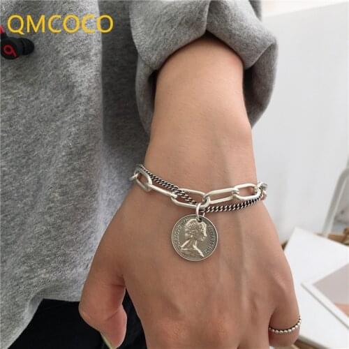 QMCOCO 925 Silver INS Punk Hip-Hop Double Bracelet Man And Woman Chain Retro Portrait Simple OT Clasp Bracelet 2021 New Trendy