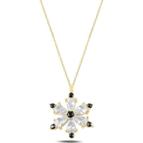 Silver 925 Sterling Lotus Flower Black Zircon Stone Necklace