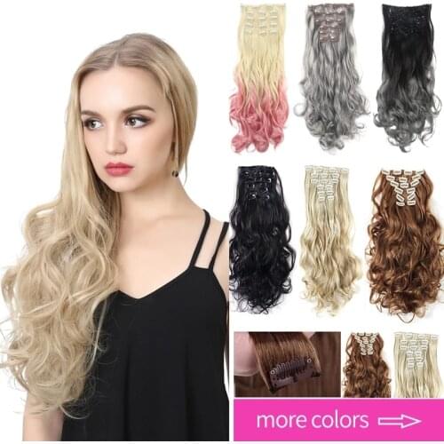 Synthetic Clip in Hair Extensions Ombre Bayalage 7pcs Head Curly Grey Hair Pieces For Women Brown Blonde Pink 20" Fake Hair